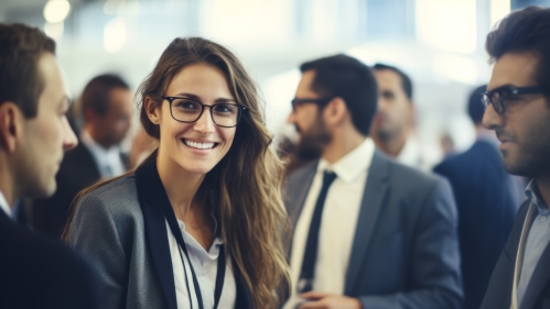 A businesswoman in professional suit outfits with glasses is smiling while greeting others in a business meeting conference.