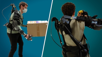Split-screen showing student wearing robotic device and holding a package 