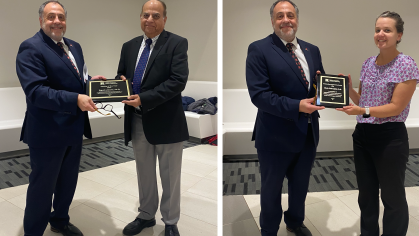 Side by side photos of a man in suit presented awards to another man in a suit and a woman wearing black pants and a purple blouse.