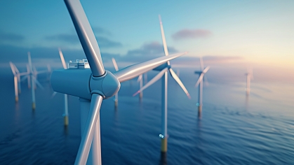 Wind turbines operating in a large offshore wind farm.