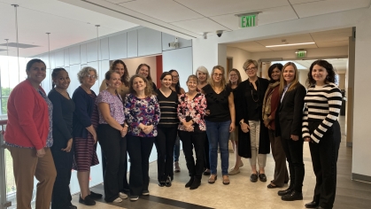 A group of women engineering professors at Rutgers Engineering meet in Weeks Hal to discuss collaboration, leadership, and mentoring.