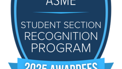 ASME Student Section Recognition Program 2025 Awardee in a crest with white text an blue background