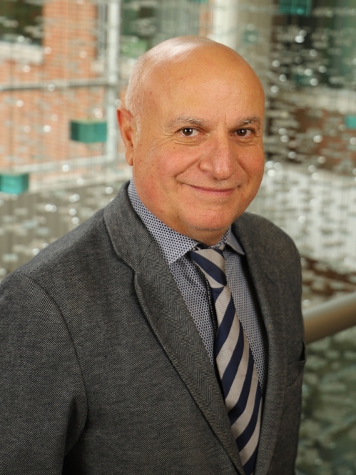 Headshot of bald male wearing a dark grey suit with a grey shirt and striped tie.
