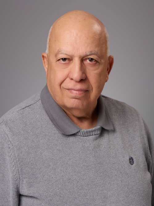 Headshot of bald male wearing a grey polo shirt underneath a grey pullover sweater.