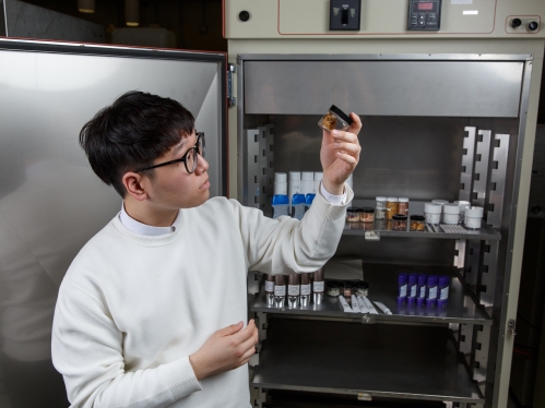 Male Asian student wearing a white sweater and black glasses stands in front of an industrial refrigerator that holds various packaged items. He his holding a jar.