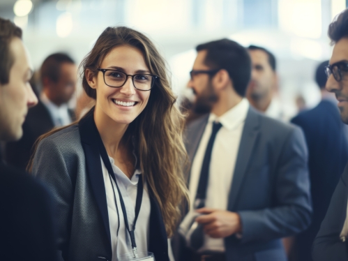 A businesswoman in professional suit outfits with glasses is smiling while greeting others in a business meeting conference.