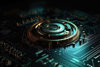 Gear wheel on circuit board.